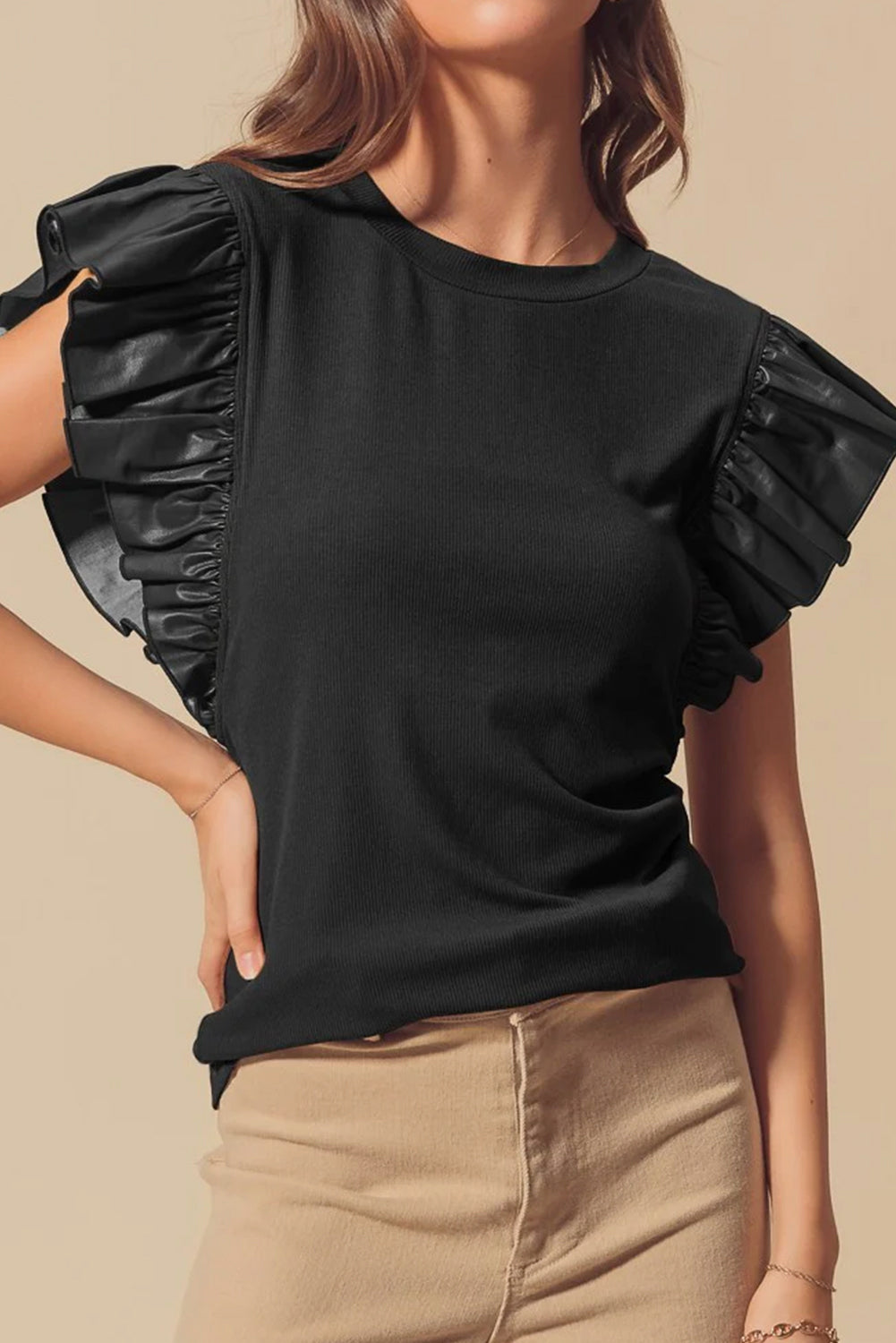 Online Black Leather Ruffle Sleeve Patchwork Round Neck Blouse