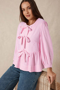 Online Pink Stripe Bowknot Front Crew Neck Puff Sleeve Blouse