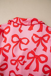 Online Pink 2pcs Bow Print Shirt Style Long Sleeve Pajama Set