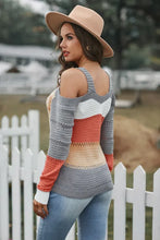 Load image into Gallery viewer, Gray Trim Colorblock Stripes Cold Shoulder Hollow-out Sweater

