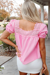 Online Light Pink Lace Square Neck Patchwork Puff Sleeve Blouse