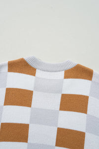 Pink Checkered Ribbed Edge O Neck Drop Shoulder Sweater