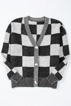 Load image into Gallery viewer, Online Black Checkered Drop Shoulder Buttoned V Neck Cardigan
