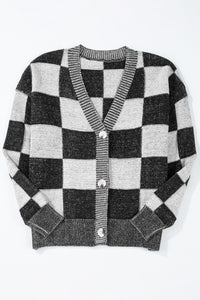 Online Black Checkered Drop Shoulder Buttoned V Neck Cardigan