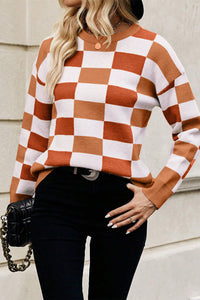 Online Pink Checkered Ribbed Edge O Neck Drop Shoulder Sweater