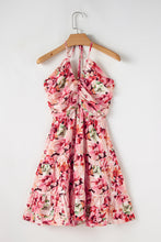 Load image into Gallery viewer, Online Pink Floral Sleeveless Halter Neck Shirred Back Ruffled Mini Dress
