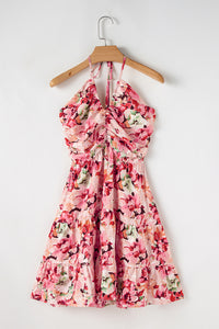Online Pink Floral Sleeveless Halter Neck Shirred Back Ruffled Mini Dress
