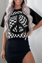 Load image into Gallery viewer, Online Black Checkerboard Peace Sign Printed Round Neck T Shirt
