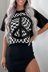 Online Black Checkerboard Peace Sign Printed Round Neck T Shirt