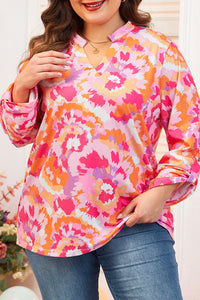 Online Pink Plus Size Abstract Floral Print V Neck Blouse