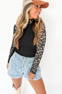 Online Black Floral Lace Patchwork Long Sleeve High Neck Slim Top