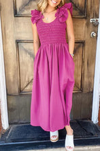 Load image into Gallery viewer, Rose Red Solid Color Ruffled Straps Smocked Ruched Maxi Dress

