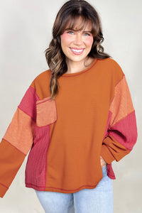 Online Orange Textured Knit Color Block Patchwork Chest Pocket Plus Size Top