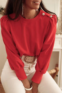 Red Button Tab Detail Long Sleeve Top