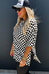 Online Black Checkered Print Side Slits O Neck Plus Size T Shirt