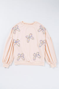 Online Light Pink Embroidered Bow Lantern Sleeve Oversized Pullover Sweatshirt