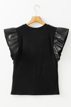Load image into Gallery viewer, Online Black Leather Ruffle Sleeve Patchwork Round Neck Blouse
