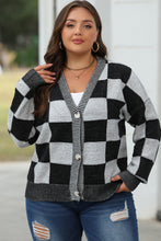 Load image into Gallery viewer, Online Black Checkered Drop Shoulder Buttoned V Neck Cardigan
