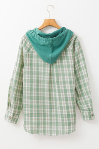 Online Green Checkered Print Loose Fit Buttoned Hooded Shacket