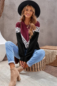 Wine Colorblock Chevron Leopard Pullover Sweater