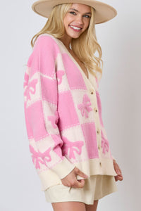 Online Pink Bowknot Checkered Pattern V Neck Drop Shoulder Button Up Cardigan