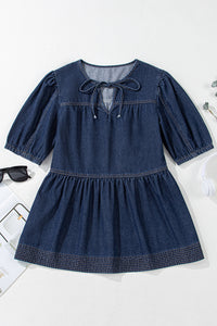 Online Sail Blue Puff Sleeve Lace-up Neckline Splicing Denim Blouse