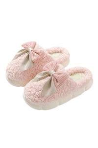 Online Camel Contrast Bowknot Applique Plush Winter Slippers (Bow Colors May Differ by Batch)