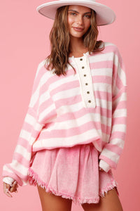Online Pink Stripe Half Buttons Drop Shoulder Sweater