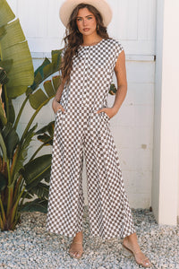 Online Khaki Checkered Print Buttoned Crew Neck Wide Leg Jumpsuit