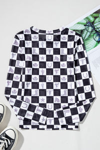 Online Black Checkerboard Western Elements Printed Mesh Long Sleeve Top