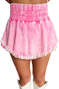 Online Pink Washed Wide Smocked Waistband Frayed Denim Shorts