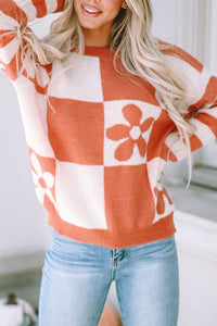 Online Orchid Petal Checkered Floral Print Striped Sleeve Sweater