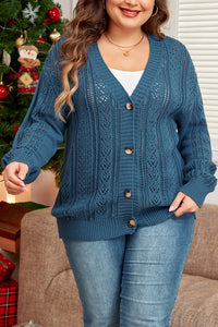 Online Real Teal Open Knit V Neck Button Front Drop Shoulder Plus Size Cardigan