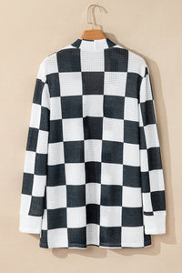 Online Black Checkered Waffle Knit Thumbhole Open Front Cardigan