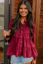 Load image into Gallery viewer, Online Burgundy Corduroy Ruffle Tiered Buttoned O Neck Shirt
