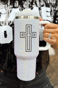Online White Cross Rhinestone40 OZ Tumbler with Handle
