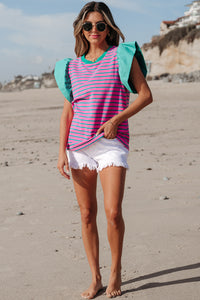 Online Pink Stripe Colorblock Ruffled Sleeve Crew Neck Blouse