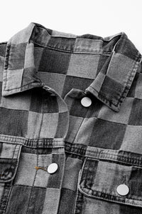 Online Black Checkered Patchwork Button up Denim Jacket