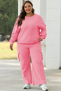 Online Sachet Pink Solid Color Patchwork Pullover Top and Cargo Pants Set