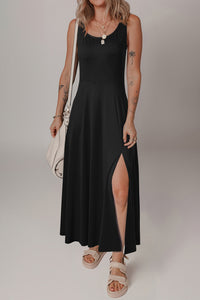 Online Black Sleeveless Scoop Neck Flared Split Midi Dress