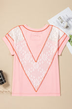 Load image into Gallery viewer, Online Light Pink Lace Patchwork Exposed Seam V Neck T Shirt
