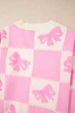 Load image into Gallery viewer, Online Pink Bowknot Checkered Pattern V Neck Drop Shoulder Button Up Cardigan
