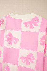 Online Pink Bowknot Checkered Pattern V Neck Drop Shoulder Button Up Cardigan