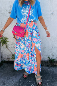 Online Sky Blue Floral Printed High Waist Split Wrap Long Skirt