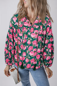 Online Green Floral Printed Tied Collar Puff Sleeve Blouse