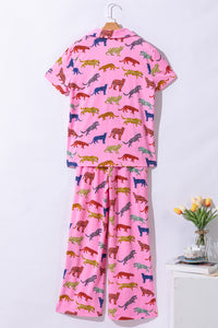 Online Pink Cheetah Print Short Sleeve Shirt and Pants Lounge Set