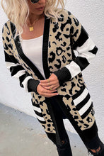 Load image into Gallery viewer, Black Stripe Sleeve Leopard Print Open Front Cardigan With Pockets
