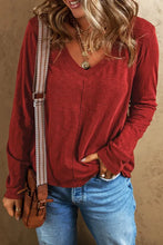 Load image into Gallery viewer, Red Sandalwood V Neck Center Seam Long Sleeve Tee
