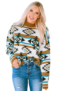 Online Brown Aztec Striped Knit Ribbed Trim Sweater