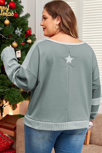 Online Mist Green Stars Patchwork Round Neck Plus Size T Shirt